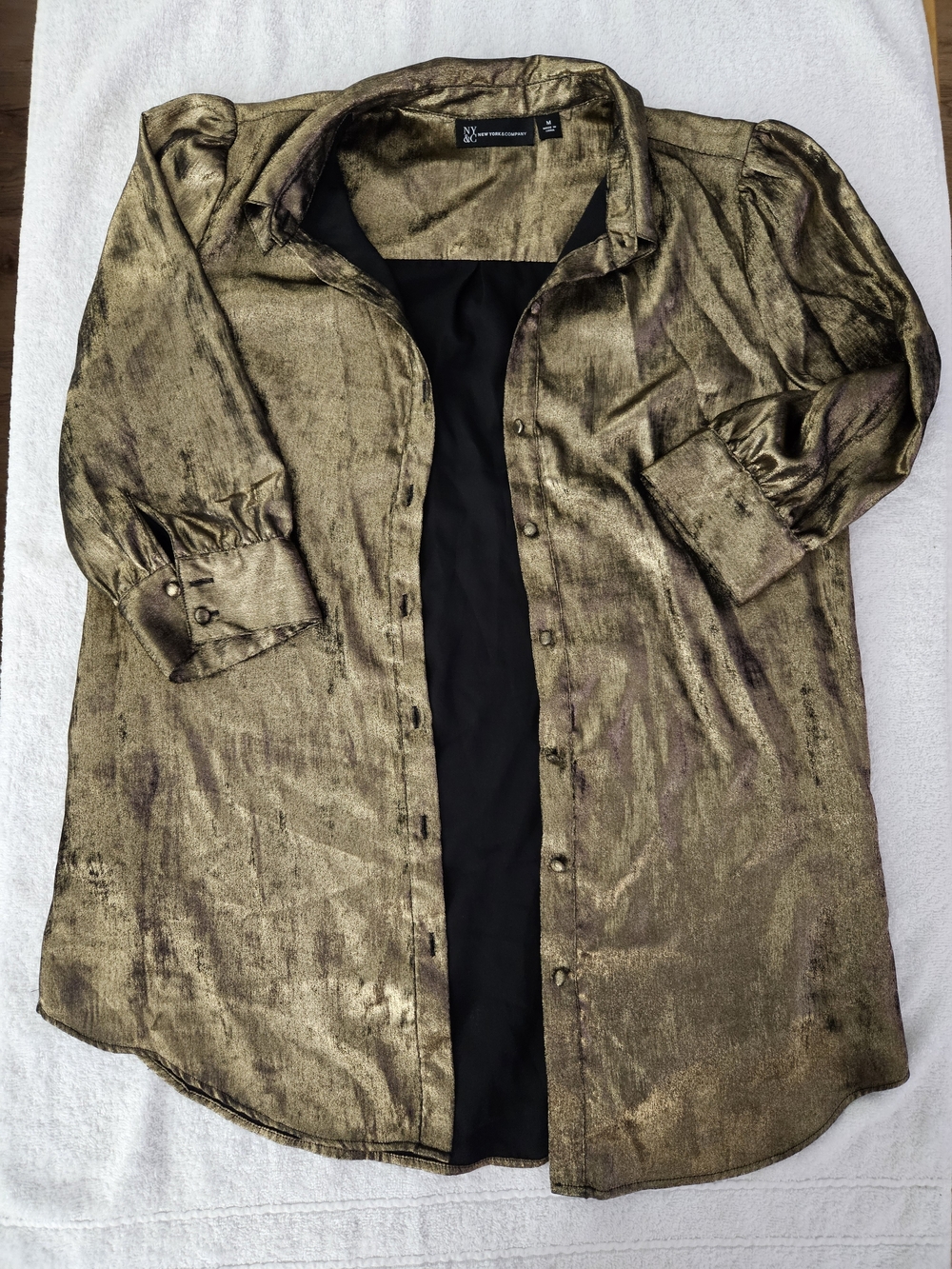 New York & Company Metallic Gold Shimmer Button Down Blouse Party Top - Size M